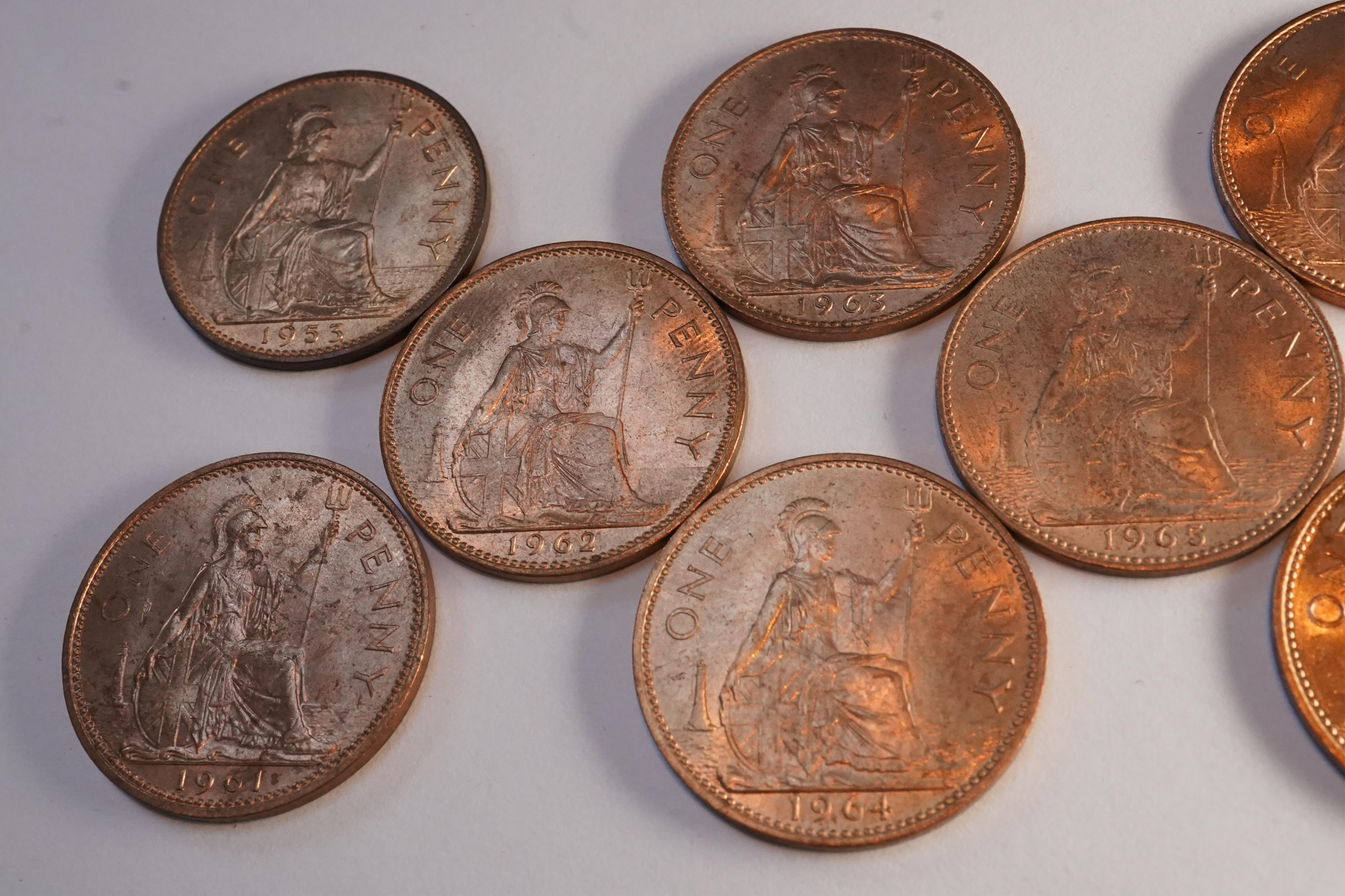 John Hill Collection., British coins, George VI and Elizabeth II, a date set of pre-decimal bronze pennies (1937-1967), S. 4114, S. 4154 and S. 4157, excludes 1941-43 and 1954-60, ranging from EF to UNC, many with full l